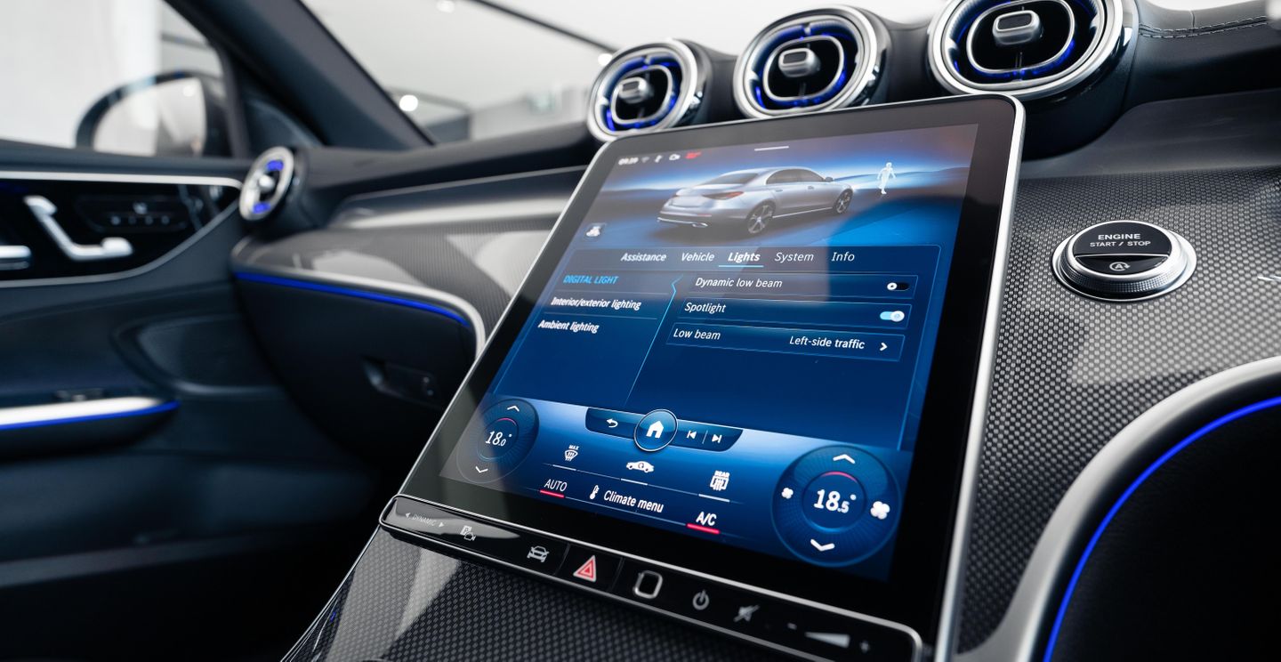 A vertical touchscreen makes the centre console the digital centre of the interior